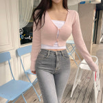 투버튼 브이넥 슬림핏 골지 하찌 니트 크롭 볼레로 가디건 4컬러 : 글램핏 GLAMFIT