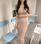 꾸안꾸 베이직 슬림 스판 브이넥 골지 미디 롱 원피스 7컬러 : 글램핏 GLAMFIT