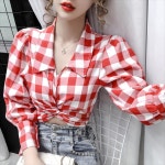 여성 체크무늬 셔츠 아우터 올 매치 봄 의류 긴팔 쇄골 조심 기계 탑 : 삿포로시골총각