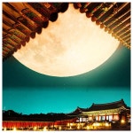 보름달 달 루나 문라이트 야경 궁궐 한옥 별 지붕 처마 동양 파르텔 민속벽지 시트지 롤스크린 : 으뜸데코