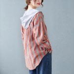 모던 스트라이프 셔츠 졸라 매는 끈 후드 초가을 긴팔 문학 세로 줄 면과 린넨 재킷 : 엘리아