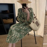 세련된 루즈핏 프린트 롱원피스 라운드넥 퍼프 롱스커트 원피스 봄 여름 : 퍼플닷