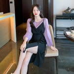 슬림핏 여성 섹시 블라우스 나시 레이어드 트임 롱드레스 : 더블에스커머s