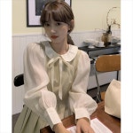 라이트 그린 원피스 젠틀 베르사유 스커트 접합 페이크 투피스 : W 컴퍼니