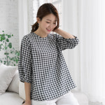 우일 여성 여름 인견 7부 블라우스 티셔츠 마담 중년 아줌마 엄마옷 상의 블럭체크, XL : 모아바바