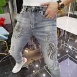 화려한 남자청바지 스판 일자핏 진청 연청 프린터 데님 G8228 : 김미패션