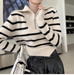 캐주얼한 카라 배색 디자인 지퍼 목폴라 데일리 니트 터틀넥 반폴라 여성 폴라티 스웨터 : 행사날 Haengsanal