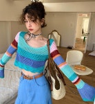 [SALE] 민트 블루 러블리 펀칭 스트라이프 크롭 니트 탑 , 해변룩 M : 플뤼마켓