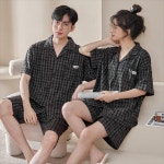 체크무늬 잠옷 커플 남녀 여름 섹션 순면 반팔 홈 서비스 슈트 외부 가능 가운 : 엘리아