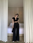 캐주얼 트 용 화이트 팬츠 봄 블랙 바지 웨이스트 얇은 와이드 루즈 여름 하이 0 퓨어 : 쿠로라인