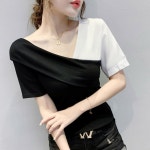 댄스복 라인댄스 댄스티 라틴 여름 셔츠 블라우스 브이넥 반반 블랙화이트 원숄더 E68 : sunnny1004