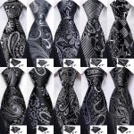 남성 넥타이 블랙 실버 그레이 페이즐리 스트라이프 체크 무늬 꽃 포켓 스퀘어 커프스 단추 : 보라별1