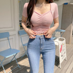 하트넥 셔링 볼레로 슬림 스판 러블리 반팔 티셔츠 5컬러 : 글램핏 GLAMFIT