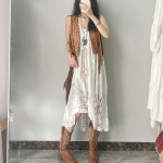 당일배송 에스닉 카멜브라운스웨이드수술프린지 컬러패턴자수 세미크롭오픈베스트 보헤미안여자조끼 : 로필