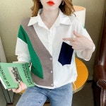 블라우스 셔츠 오피스 레이디 콘트라스팅 컬러 스플라이스 셔츠, 패션 포켓, 여름 캐주얼 폴로 넥, 여성 의류, 싱글 브레스트 블라우스, 신제품... 