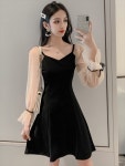 블랙 미니 원피스 봄 어 메쉬 구슬 연예인 팬 넥 : 하이제너