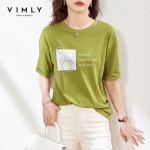 여성상의 티셔츠 VIMLY라운드 넥 반소매 루즈핏 면 소재 F7211 넥 면 : 이팝나무입니다