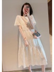 화이트 레이스 원피스 여름 퍼프 슬리브 독특 센 미드 길이 : 하이제너
