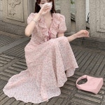 노란색 끈 포인트 원피스 넥 꽃 퍼프 슬리브 여름 티 청순 페어리 옐로우 해변 휴가 비치 : 핑핑샵