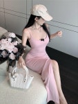 검은색 롱 나시 원피스 핑크 숄더 슬링 여름 니트 백 힙 슬릿 스커트 : 핑핑샵