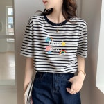 스트라이프 티셔츠 2023 새로운 스트라이프 코튼 반팔 티셔츠 bottoming shirt 여성 여름 새로운 색상 매칭 라운드 넥 반팔 숙녀 탑 : 에어로샵