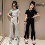 주니어플리츠세트 여름 초등 여아 상하복 크롭 반팔티+플리츠 팬츠 댄스복 키즈 어린이배꼽티 : 디얼마이엔젤