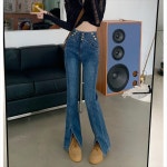 여성 심플 블랙 바지 봄 웨이스트 슬리밍 슬릿 약간 풀업 섹시 올매치 스트레치 데님 : W 컴퍼니