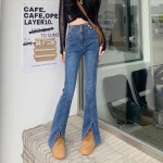 여성 심플 블랙 바지 봄 웨이스트 슬리밍 슬릿 약간 풀업 섹시 올매치 스트레치 데님 : W 컴퍼니