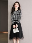 프릴 체크 원피스 가을 미드 길이 메쉬 접합 투피스 니트 울 스커트 : 수수SUSU