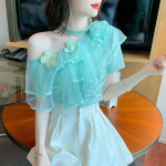 오프숄더 블라우스 봄 여름 셔츠 쇄골 크롭 직각어깨라인 쉬폰 플라워자수 : FIORIRE