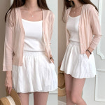 여성 브이넥 여름 가디건 시스루 거즈 니트 7부 숏 미니 : 제이디엔