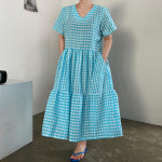 체크 캉캉 반팔 지지미 롱 원피스 브이넥 루즈핏 고방 깅엄체크 시원한 여리핏 여름원피스 : 리리모드