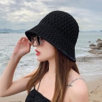 여름 아기 밀짚모자 라탄 서핑 휴양지 모자 벙거지 버킷햇 여성용 2023 솔리드 수제 크로셰 플로피 탑 모자, 할로우 아웃 니트 돔 버킷 햇... 