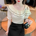 2023 여름 새로운 프랑스 스타일 세련된 원숄더 칼라 스트랩리스 프릴 셔츠 슬리브 쉬폰 탑 : 캐링 라이프