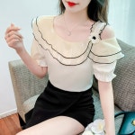 2023 여름 새로운 프랑스 스타일 세련된 원숄더 칼라 스트랩리스 프릴 셔츠 슬리브 쉬폰 탑 : 캐링 라이프