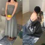 귀여원 격자 무늬 원피스 나시 끈 드레스 주름 서스펜더 스커트 슬리밍 슬림핏 : 현원샵4