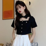 크롭 셔츠 남방 블라우스 플리츠 짧은 세미 플라워 체크 무늬 패턴 캐주얼 데일리 속이 빈 조심 기계 블랙 스퀘어 칼라 반팔 여성 여름 디자인... 