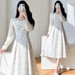 리본 긴팔 원피스 차 편안한 롱 스커트 가을 꽃 : 보스톤언니