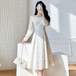 리본 긴팔 원피스 차 편안한 롱 스커트 가을 꽃 : 보스톤언니