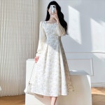 리본 긴팔 원피스 차 편안한 롱 스커트 가을 꽃 : 보스톤언니