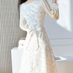 리본 긴팔 원피스 차 편안한 롱 스커트 가을 꽃 : 보스톤언니