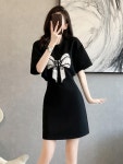 여성 글리터 원피스 데이트룩 오피스룩 출근룩 ootd 프렌치 블랙 드레스 여성용 틈새 디자인 슬리밍 및 연령 감소 외국 스타일 작은 나비 넥타이... 