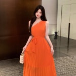 프랑스 오렌지 주황 언발 숄더 슬림 플리츠 롱 해변 휴가 원피스 : 엘레이디 EL.ady