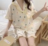 S0176 토리잠옷 옐로우 라인 프릴 파스텔 하트잠옷 3피스 홈웨어 파자마 지짐이 요루면 생일선물 : 토리잠옷