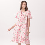 면 100% 핑크 체리 소매 원피스 파자마세트 / 러블리 여름잠옷 홈웨어 이지웨어 여성 빅사이즈 파자마 원피스 : 댑코리아