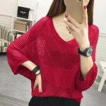 V넥 니트가오리 7부소매 펀칭 티셔츠 시스루 : 쁨 ppeum