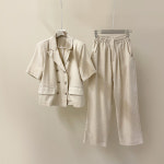 [J0805] 데일리수잔 (여름세일) 린넨 더블자켓 밴딩팬츠 세트 (어깨패드) : 수잔클로젯