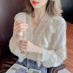 여성 빅카라 펀칭 레이스 프릴 블라우스 퍼프 소매 어깨 시스루 쉬폰 여자셔츠 20대 : 메디치::글로벌BN