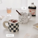 뚱뚱이 핸들 머그잔 5P 마블 점박이 손잡이 도자기 커피 체커보드 머그잔 300ml : 나무늘봄