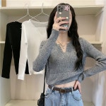 숏 니트 티셔츠 프리미엄 센스 그레이 크롭 탑 여성용 가을 신작 V 넥 디자인 니치 T 셔츠 긴 소매 여성복 : 생생직구